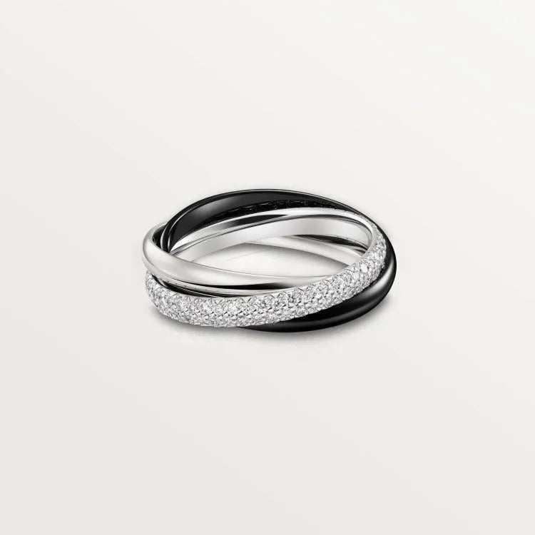 Geometric U-shaped sterling silver couple rings with diamond settings and engraving options on a ring size chart.