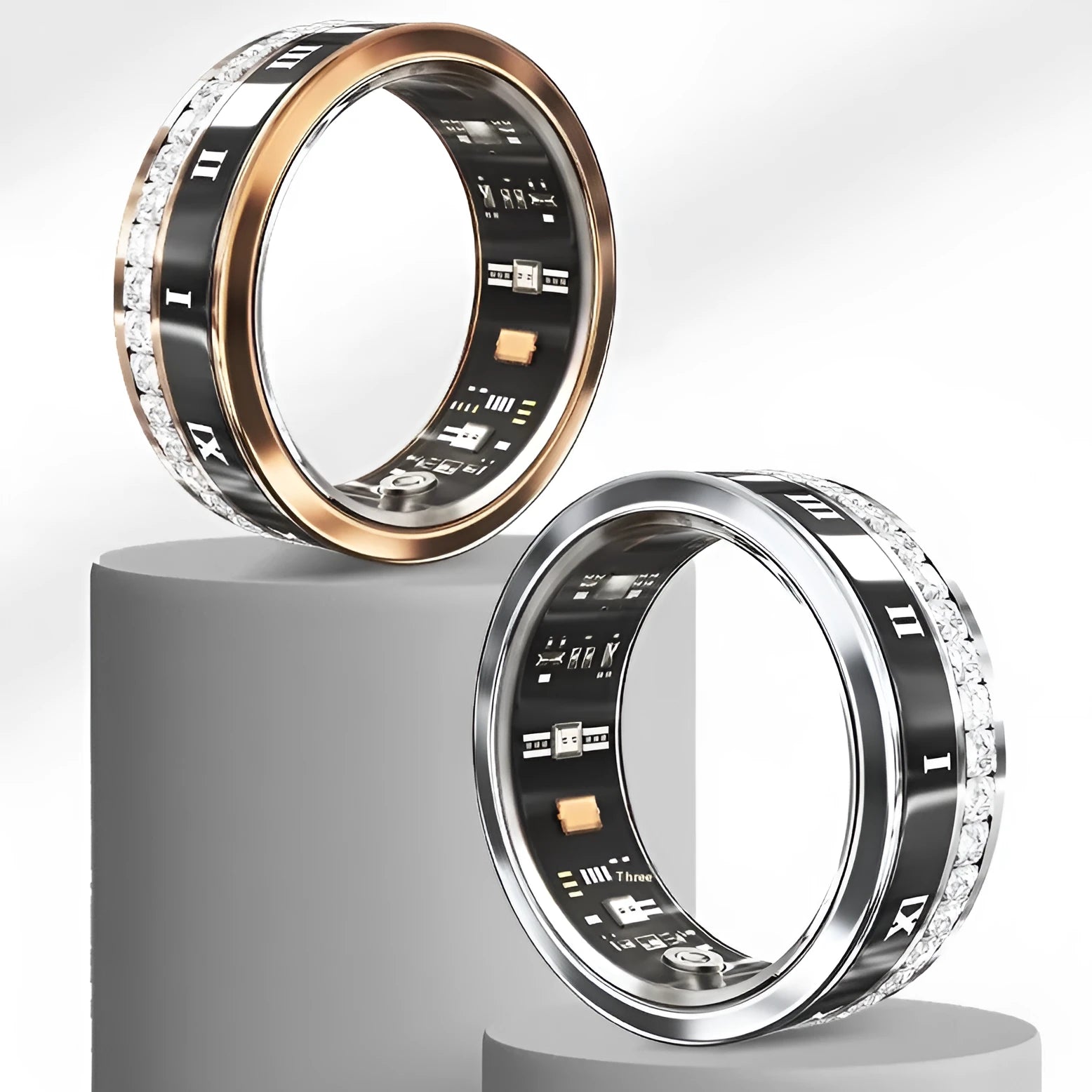 Polished silver smart ring with diamond inlay design on a finger, showing health tracking technology.