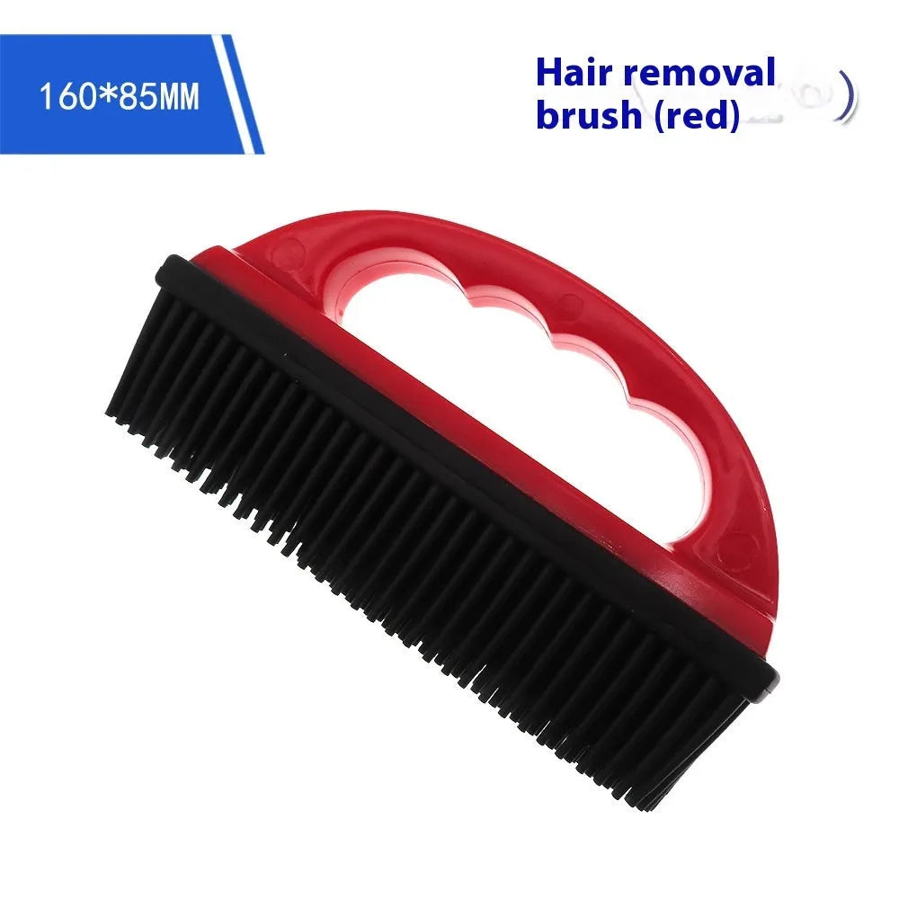 Red curved-handle pet hair removal brush for bath massage and carpet cleaning.