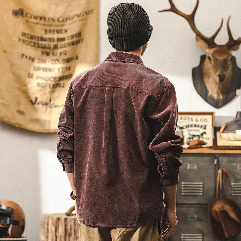 Men's retro corduroy shirt jacket in red or black with loose fit and long sleeves