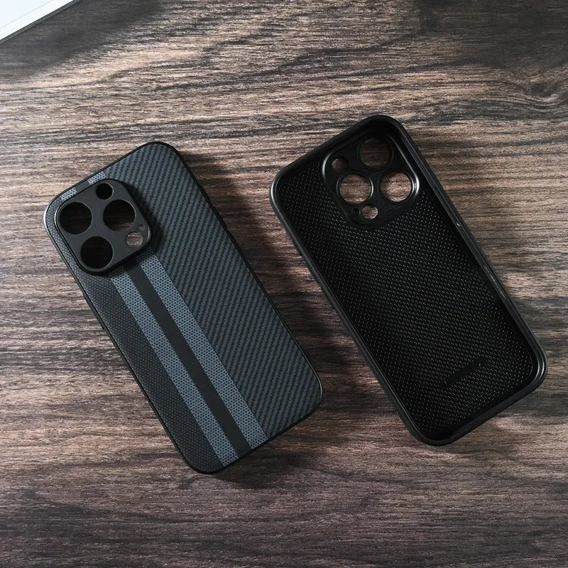 Black imitation leather iPhone case with shockproof and fingerprint-proof features, available in four pattern designs.