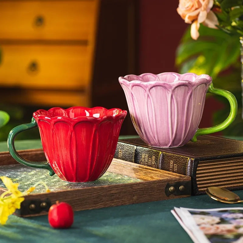 500ml floral ceramic breakfast cup in red or purple pastoral design
