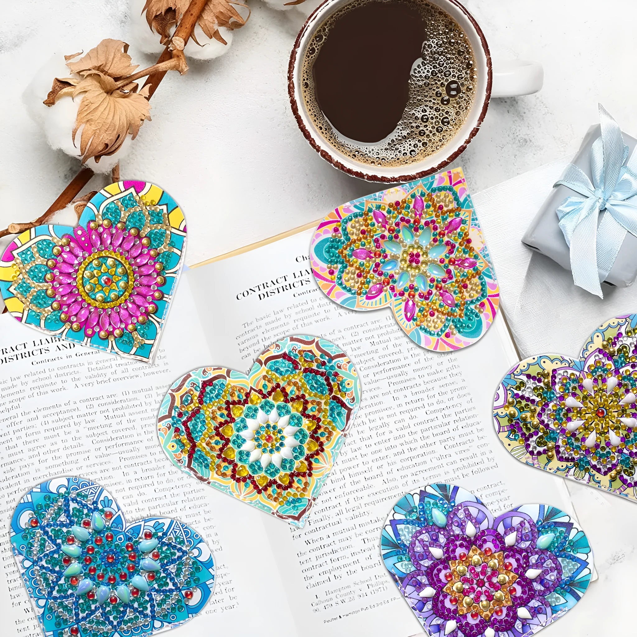 Set of six handmade PU leather bookmarks with crystal and flower cornerite decorations.
