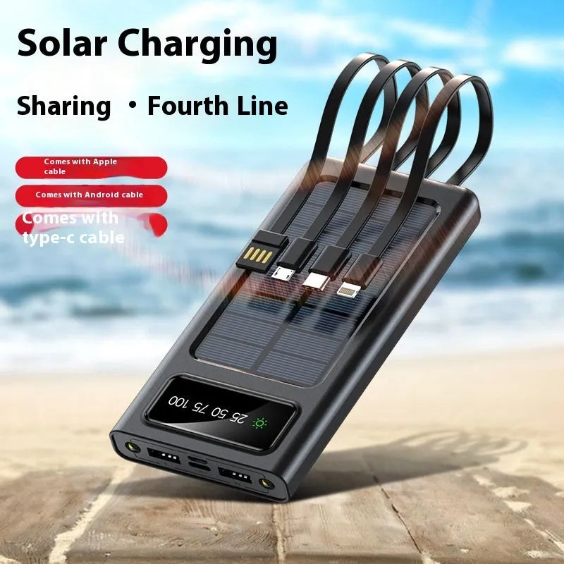 Solar power bank with cable showing 20000mAh capacity and compact plastic design
