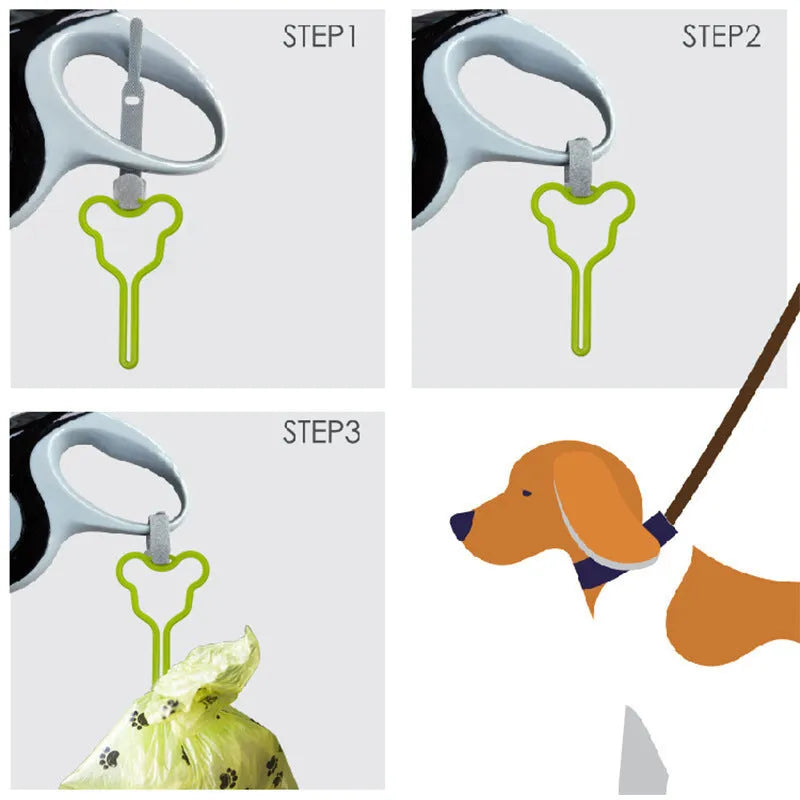 Dog waste bag holder with hands-free clip and Velcro strap attached to a dog leash
