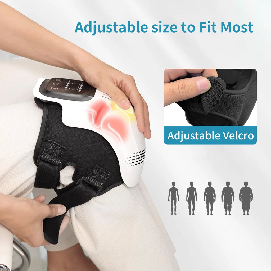 White electric knee massager with adjustable straps showing infrared heating and kneading mechanisms
