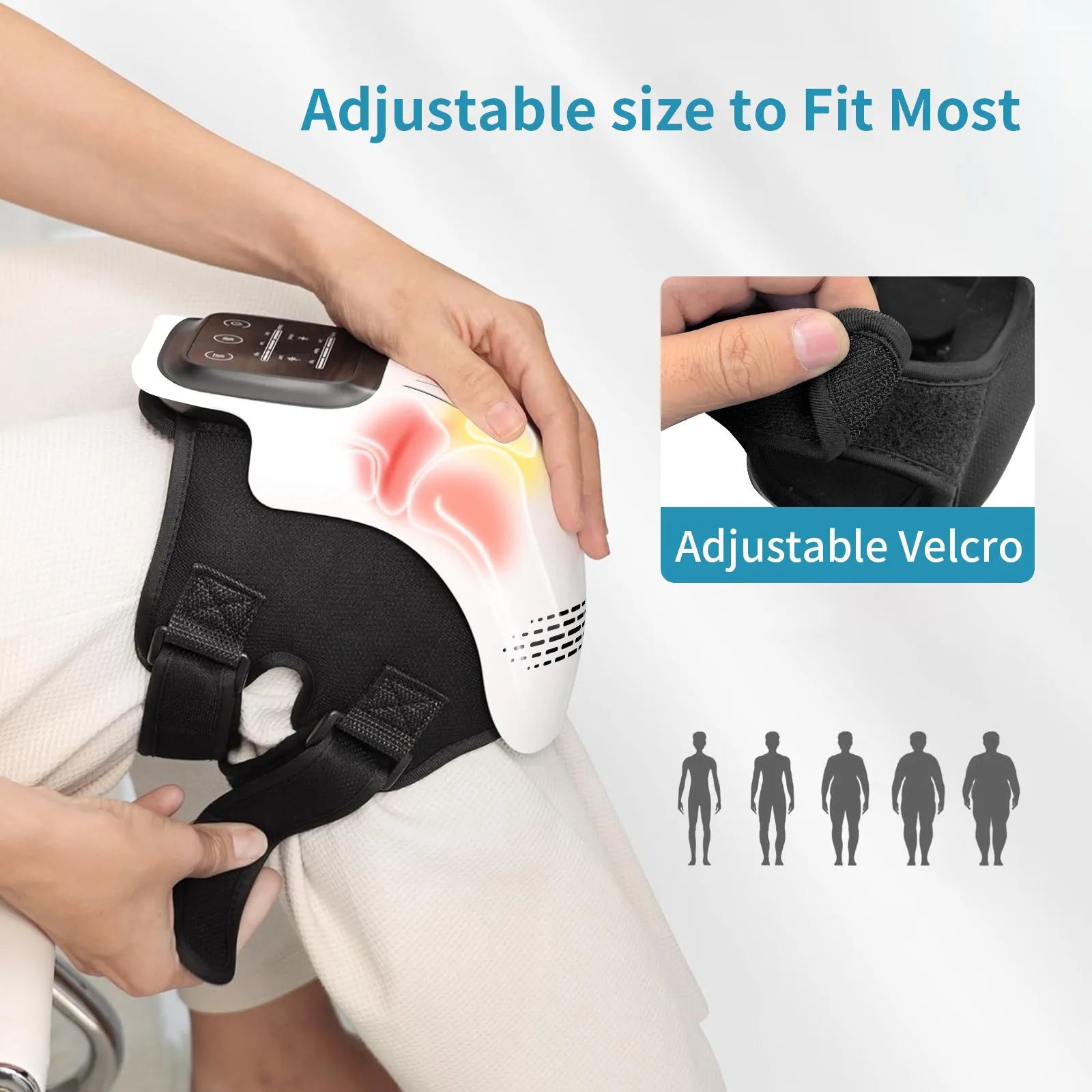 White electric knee massager with adjustable straps showing infrared heating and kneading mechanisms