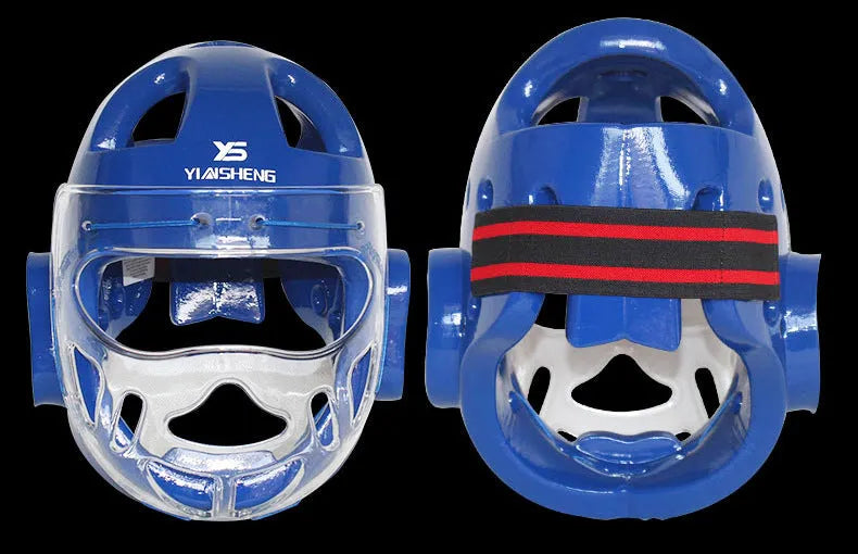 Karate training helmet for boxing head protection shown in blue, red, and white colours