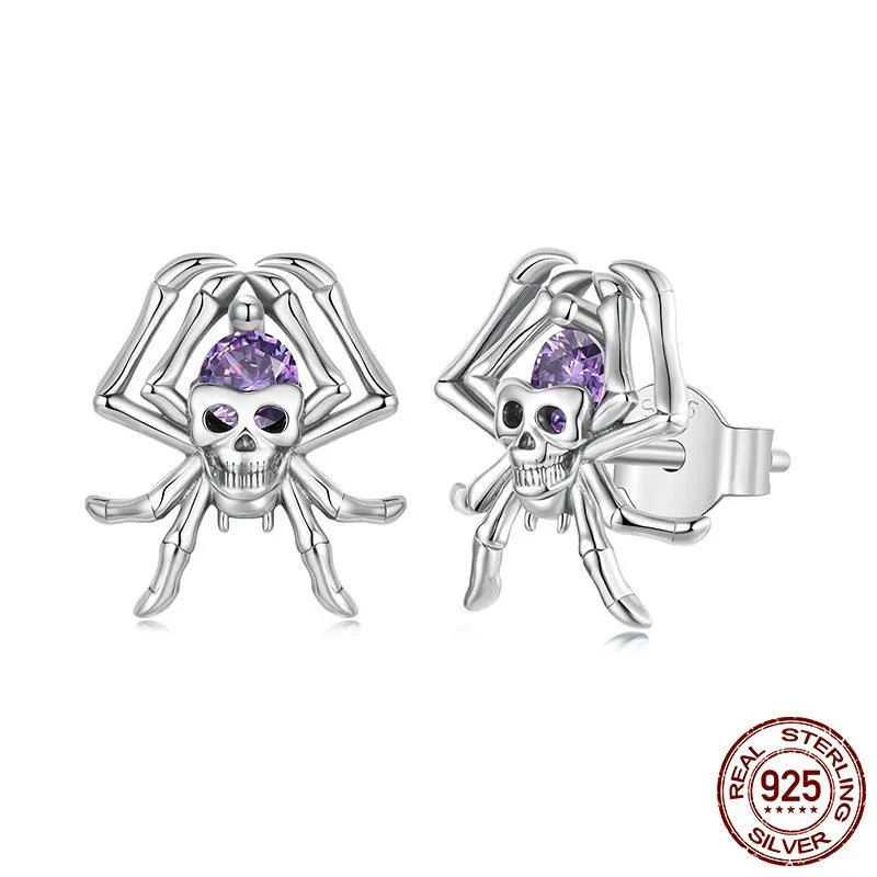Pair of Halloween skull spider stud earrings in 925 sterling silver with zircon inlay, colour SCE1964