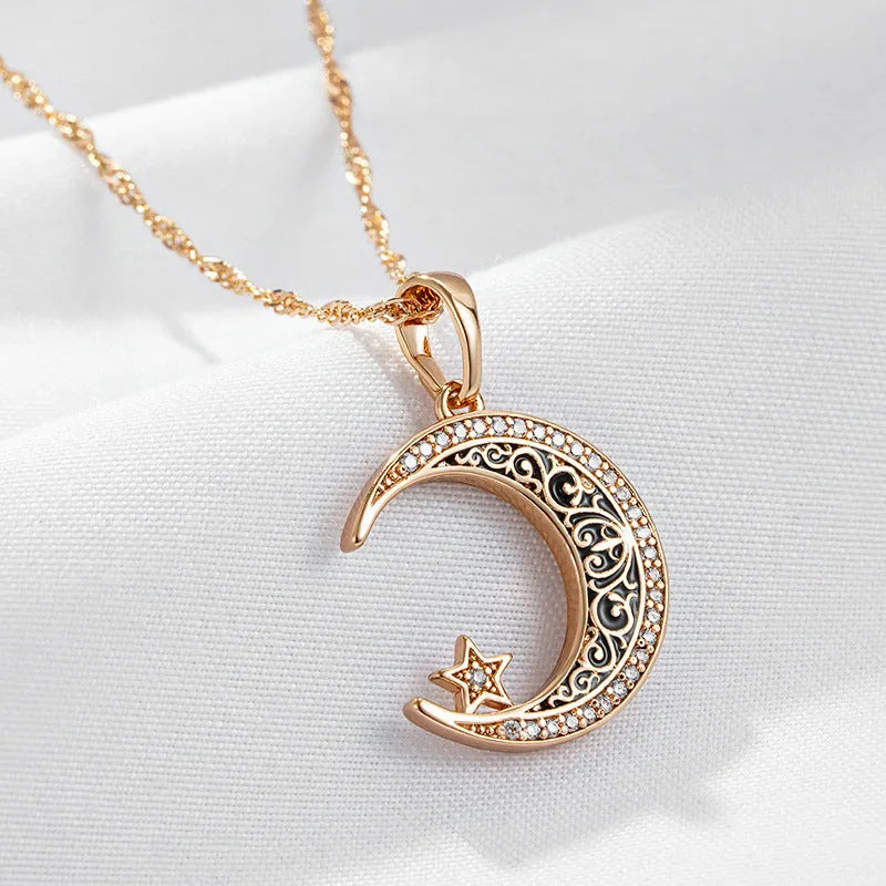 Rose gold star and moon necklace with zircon stones on adjustable water wave chain