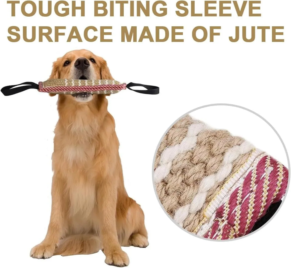 Beige and pink jute dog tug toy with two handles for interactive play