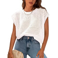 White women's pullover sweater with crochet cover sleeves and round neck