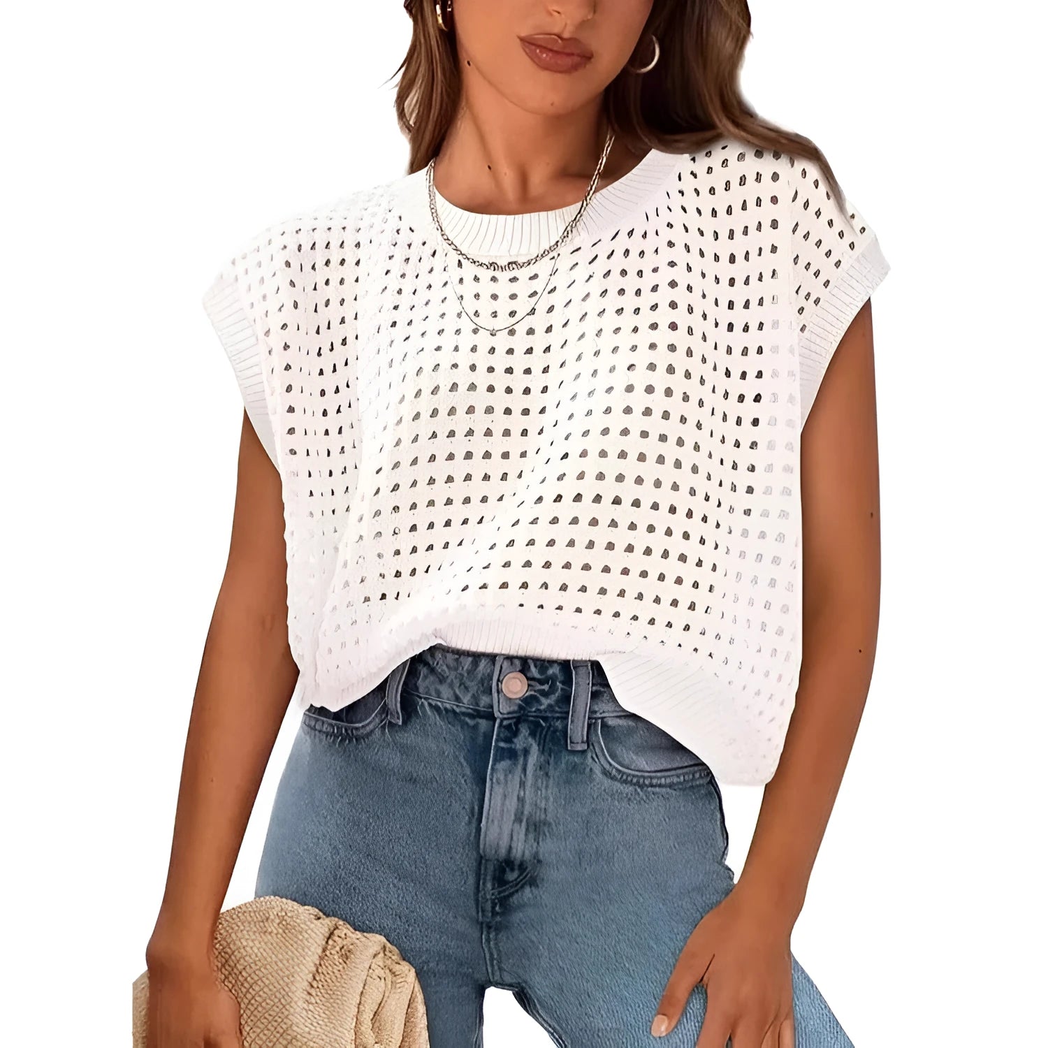 White women's pullover sweater with crochet cover sleeves and round neck