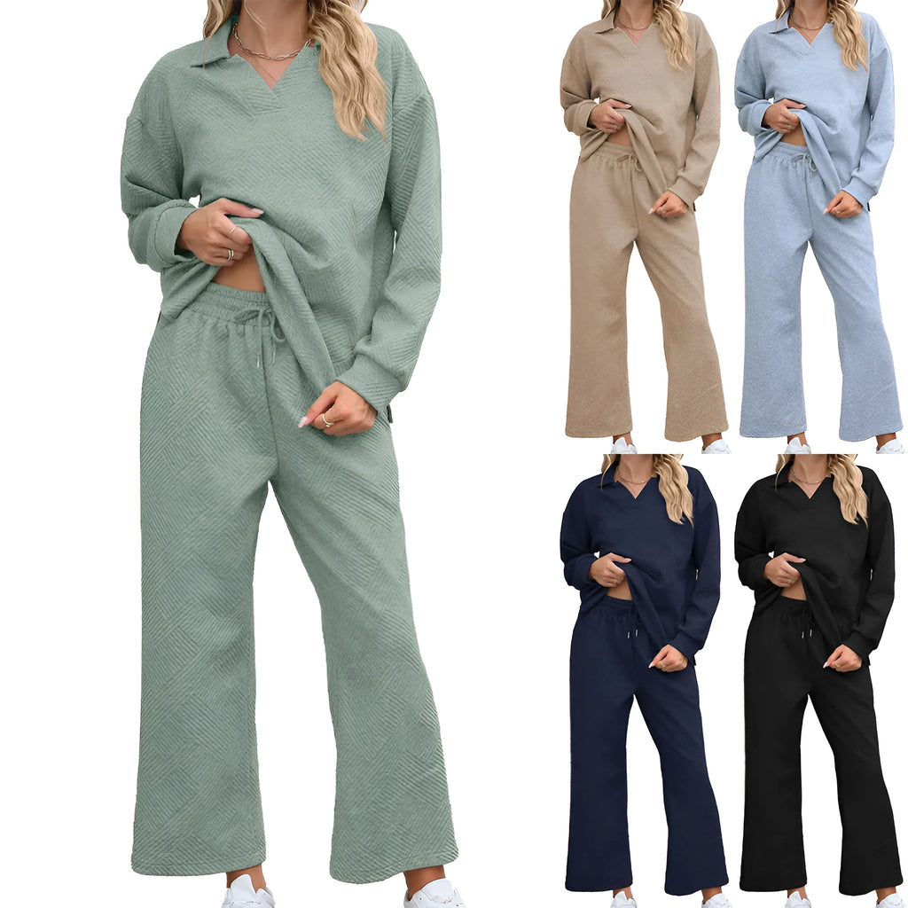 Women's two-piece rayon jacquard knit suit with geometric pattern, long sleeve top and elastic waist cropped trousers