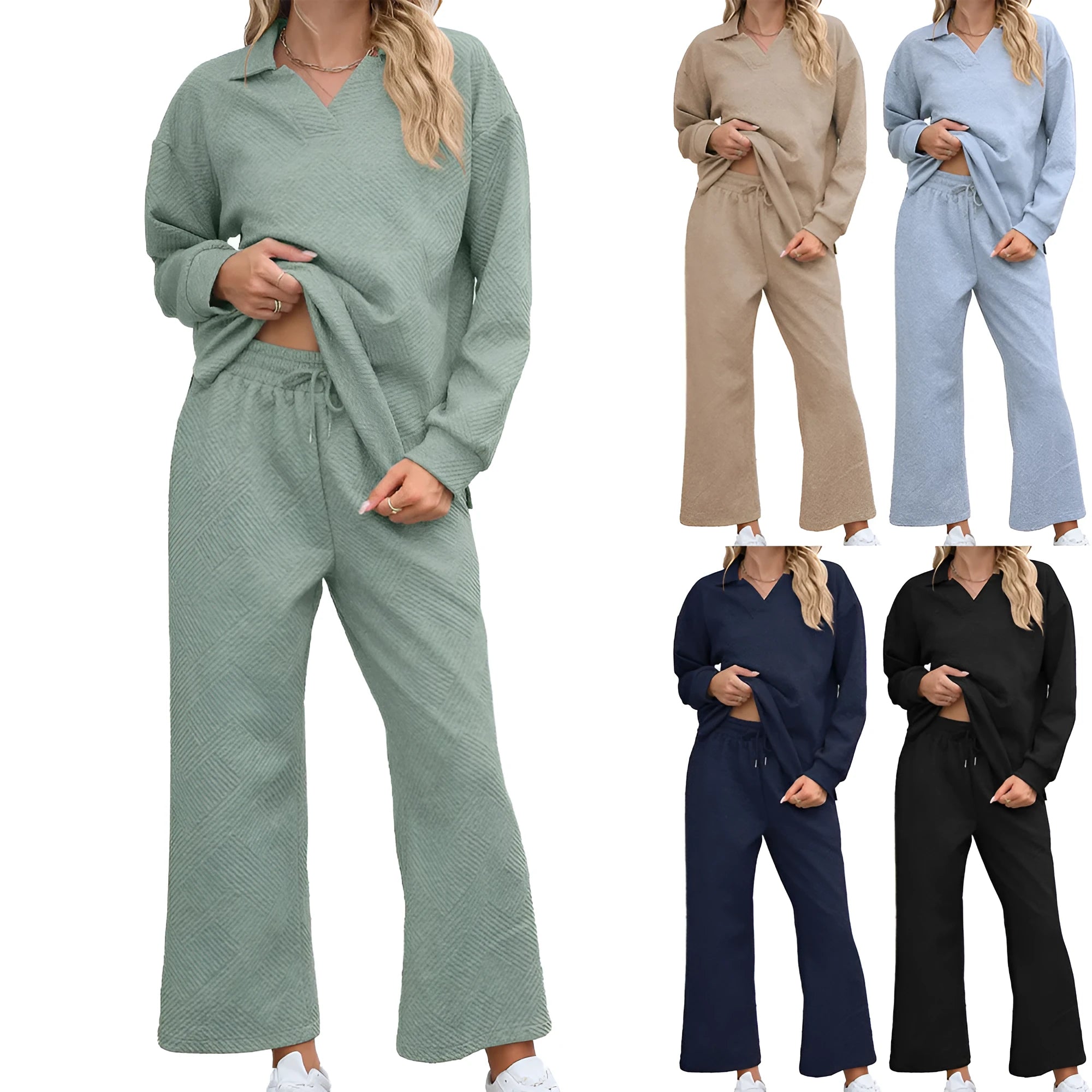 Women's two-piece rayon jacquard knit suit with geometric pattern, long sleeve top and elastic waist cropped trousers