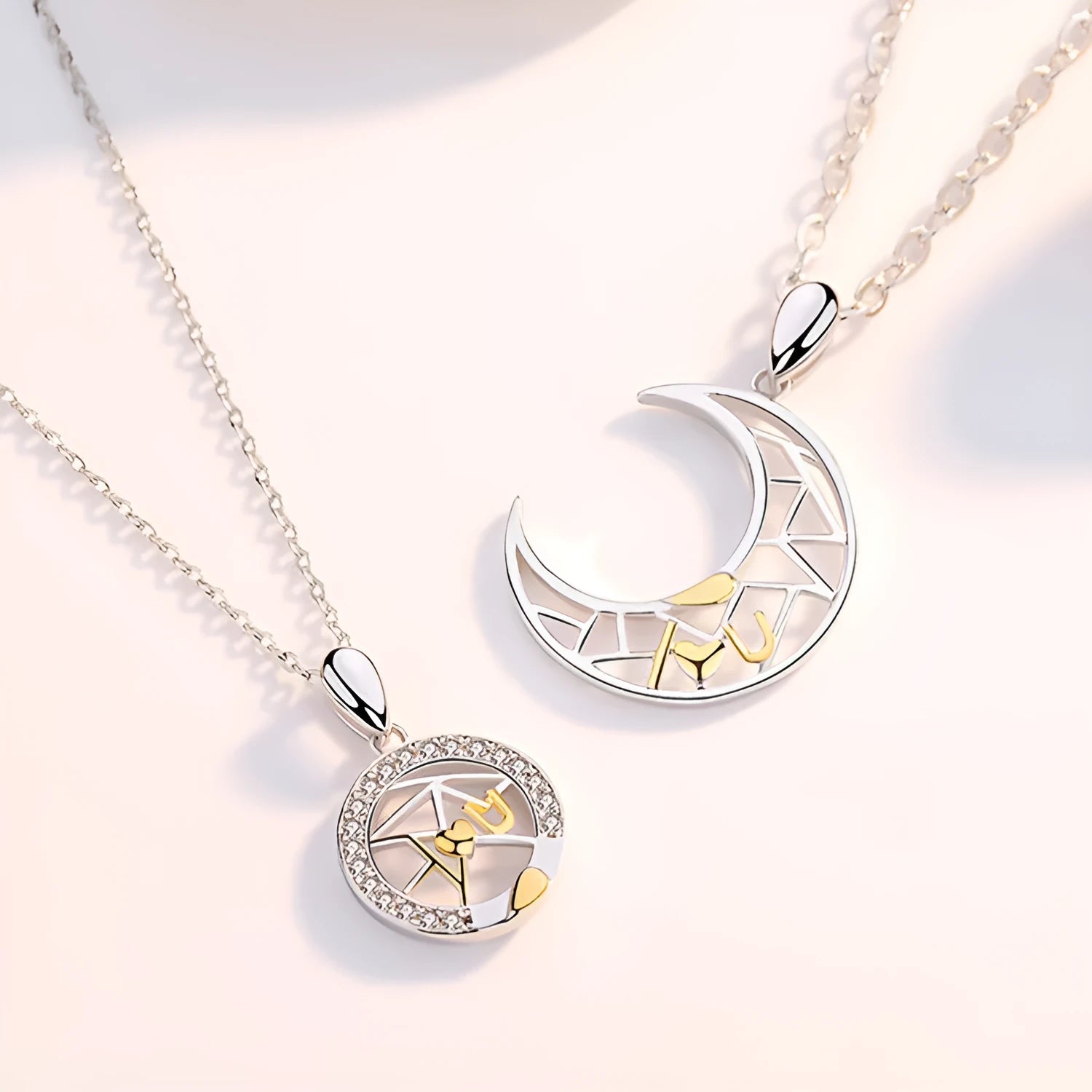 Sun Moon Tooth Couple Necklace with electroplated copper pendant and cross chain