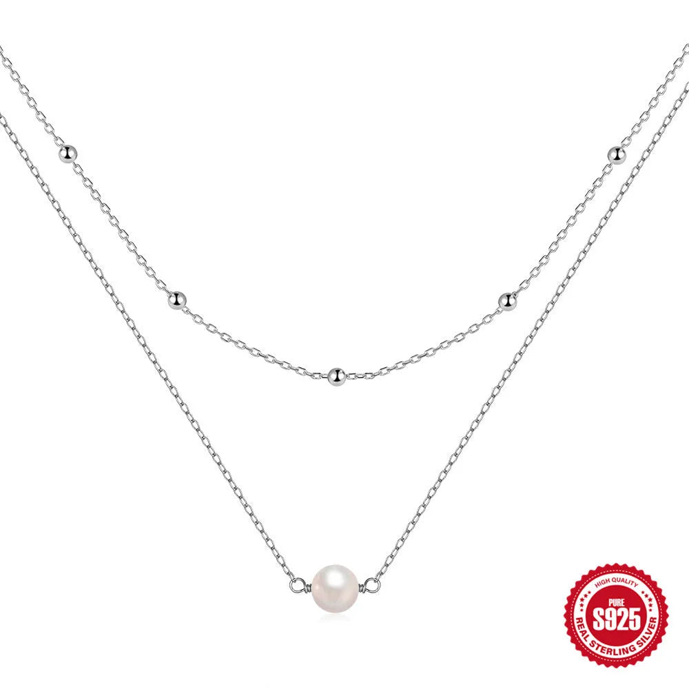 S925 sterling silver double-layer necklace for women with twin pearls on a ball bead chain in gold colour.