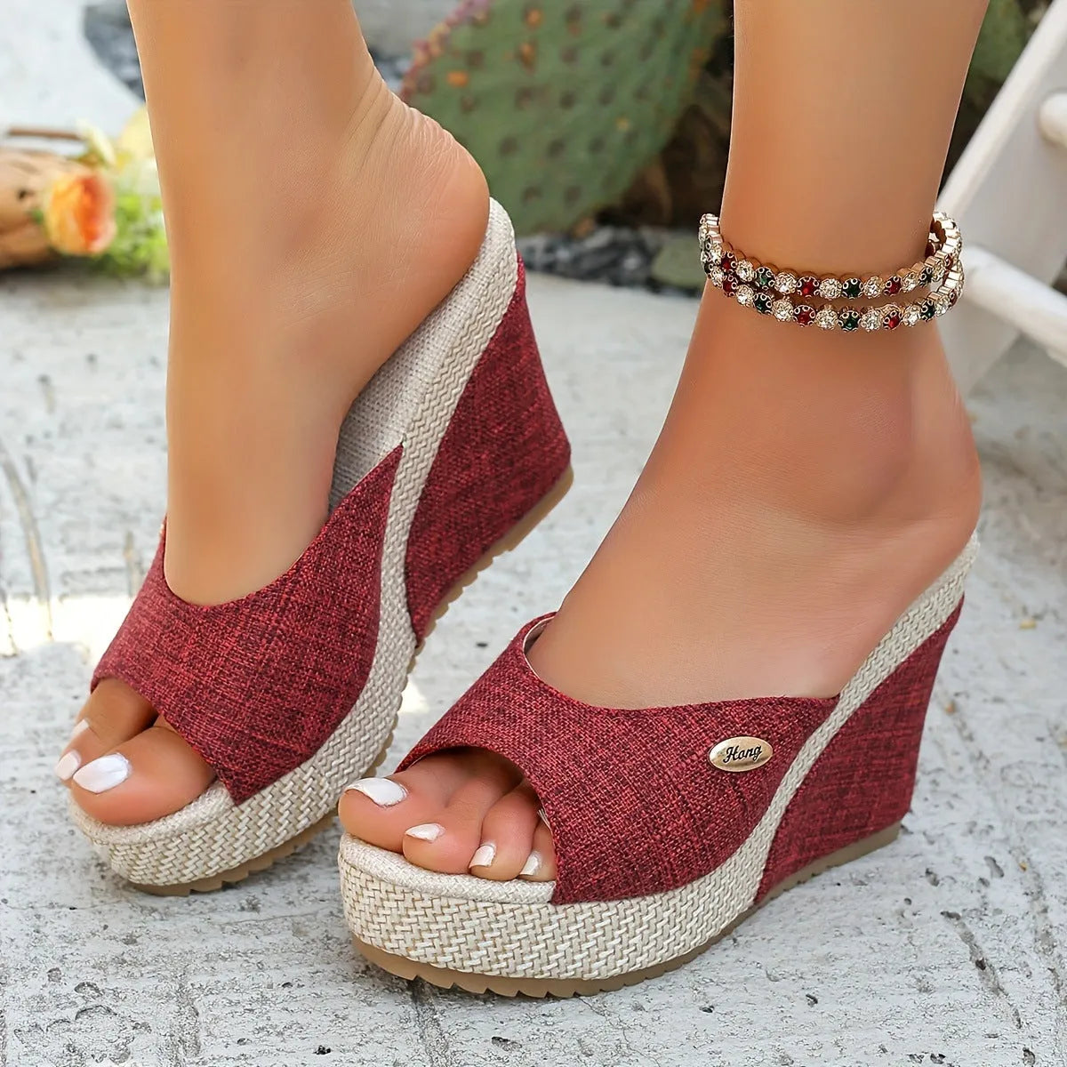 Women's black wedge sandals with buckle details, first layer cowhide upper, leather lining, and cloth sole on white background