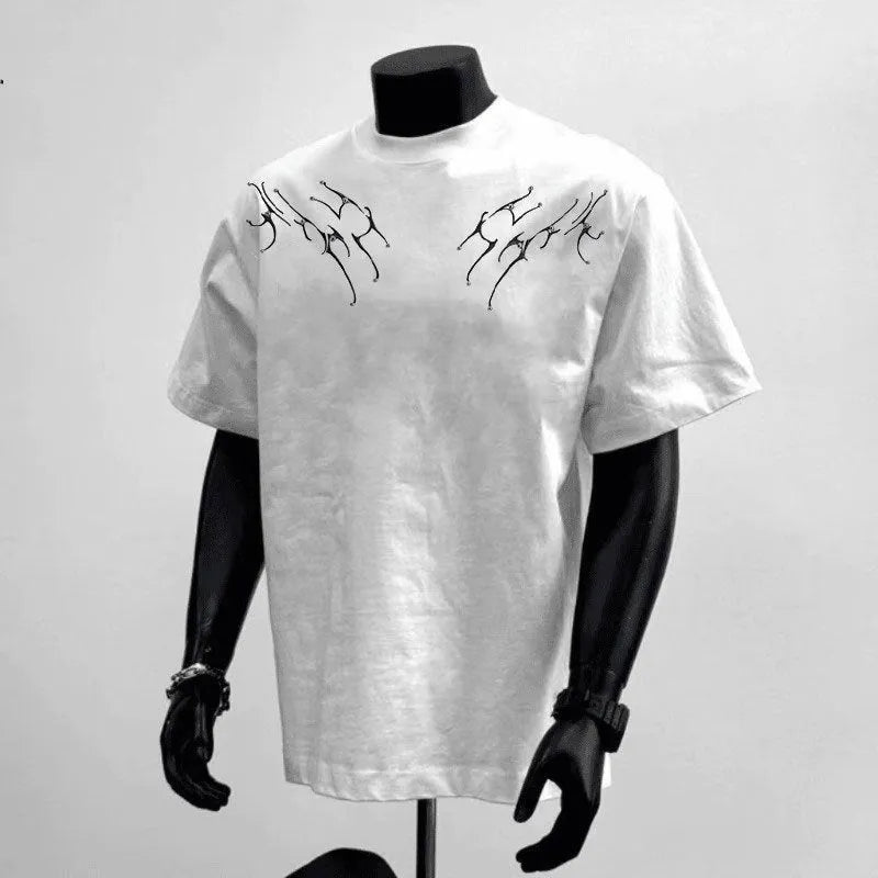Men's white and black pure cotton loose fit short sleeve t-shirt showing front printing detail
