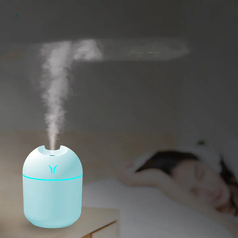 Compact round USB desktop humidifier diffuser in pink, white, or blue with 250ml tank.
