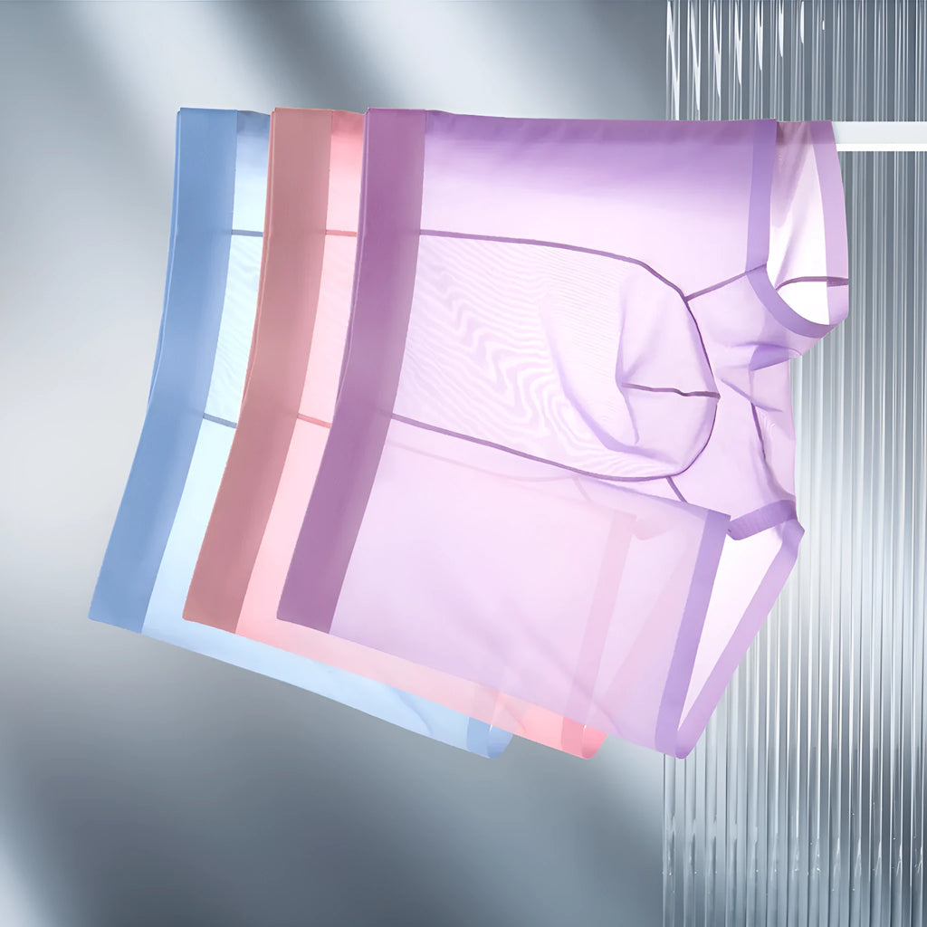 Ultra-thin ice silk seamless boxer briefs in solid colours including white, purple, pink, sky blue, and black