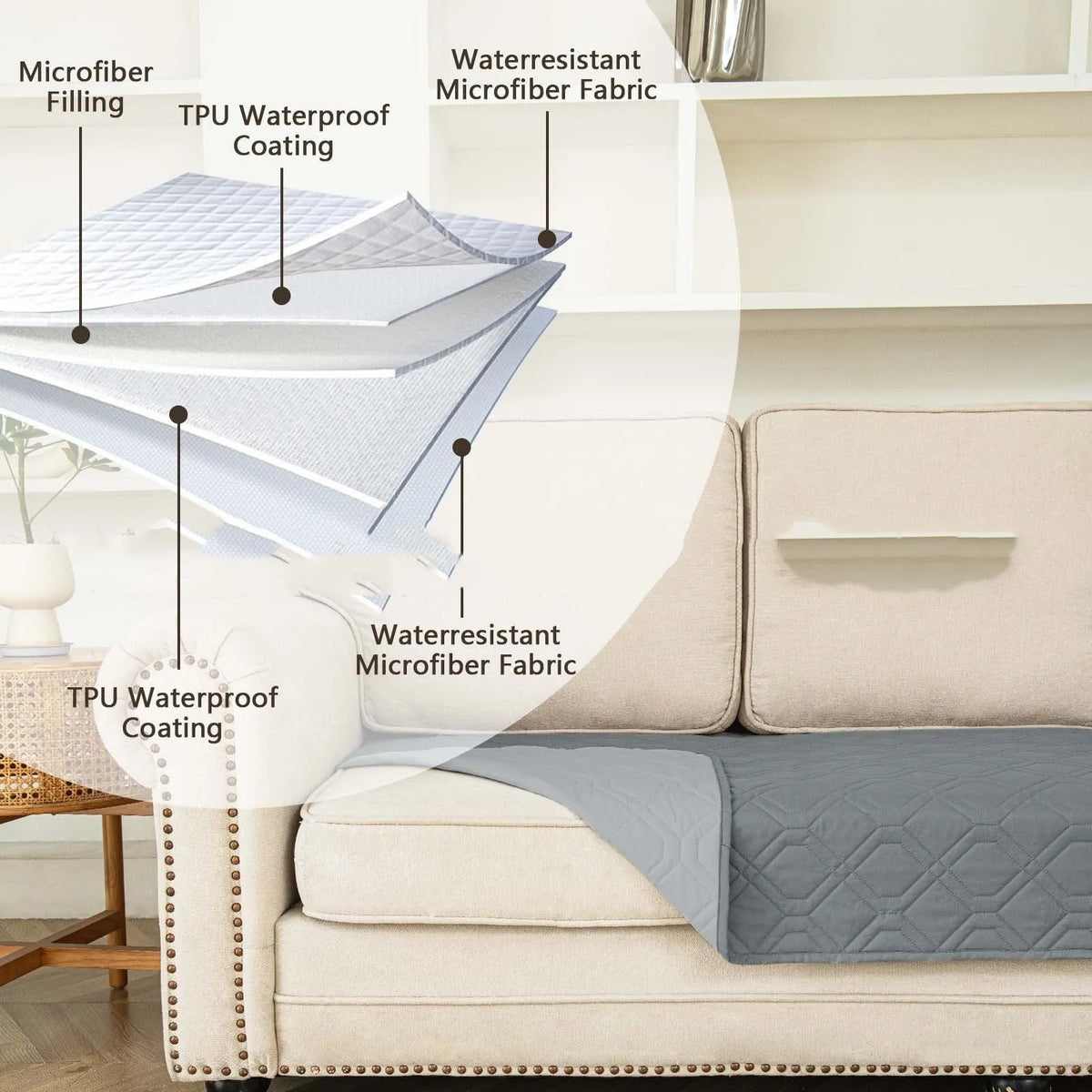 Double-sided waterproof dog sofa cushion showing dark grey and light grey reversible sides on a sofa.