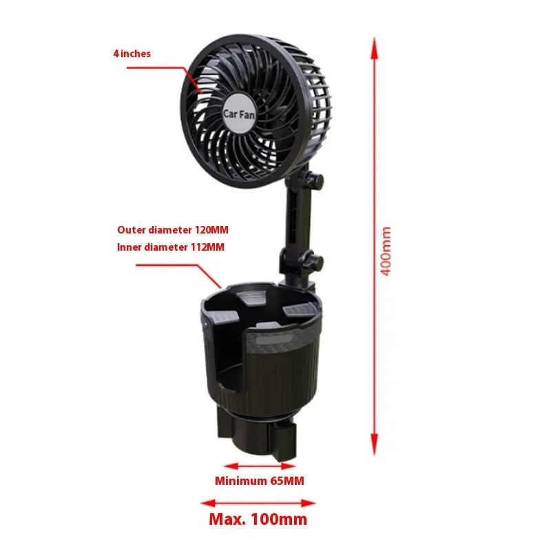 Car water cup holder fan in ABS, available in 4-inch and 6-inch sizes with 12V, 24V or 5V USB plug