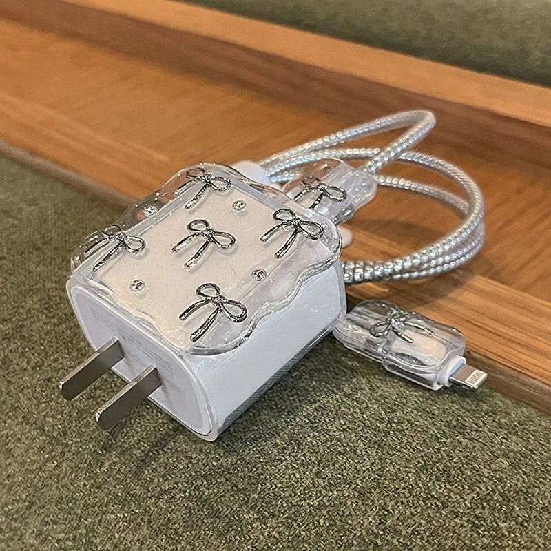 Transparent TPU charger cover set with bow design, 5-piece kit for 20W charger head and cable protection
