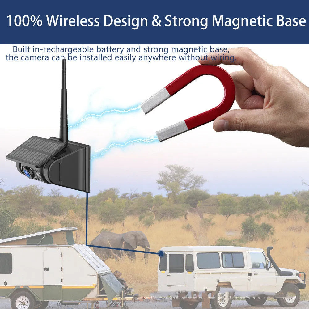 Solar-powered wireless car reversing camera with magnetic base, showing aluminum alloy housing and wide-angle lens.