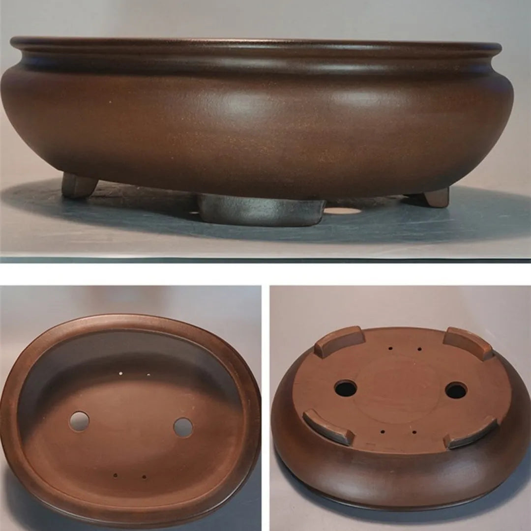 Handmade classical purple sand indoor desktop flowerpot, 58cm tall, on wooden surface.