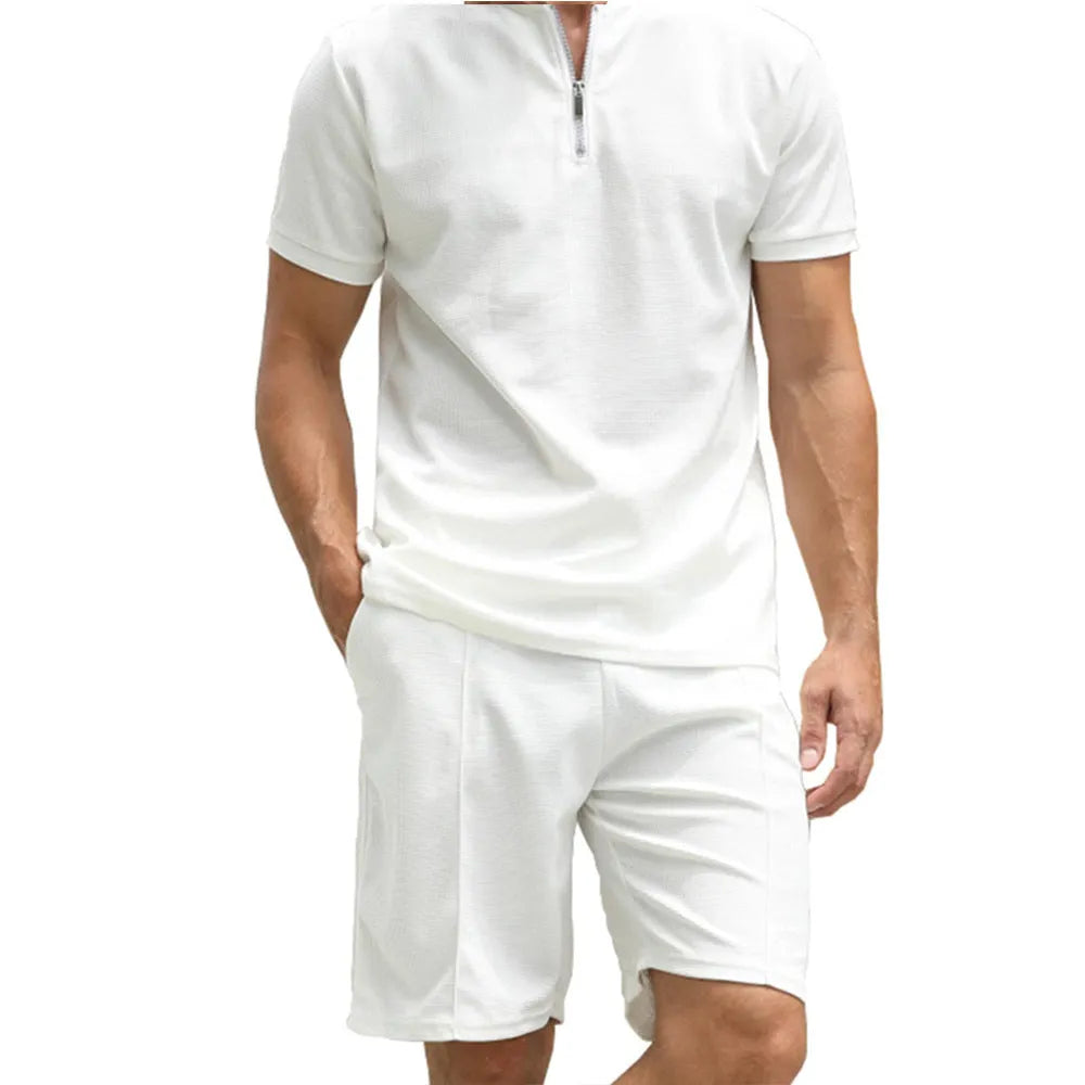 Men's solid colour polo shirt and shorts set in beaded bird's eye polyester fabric