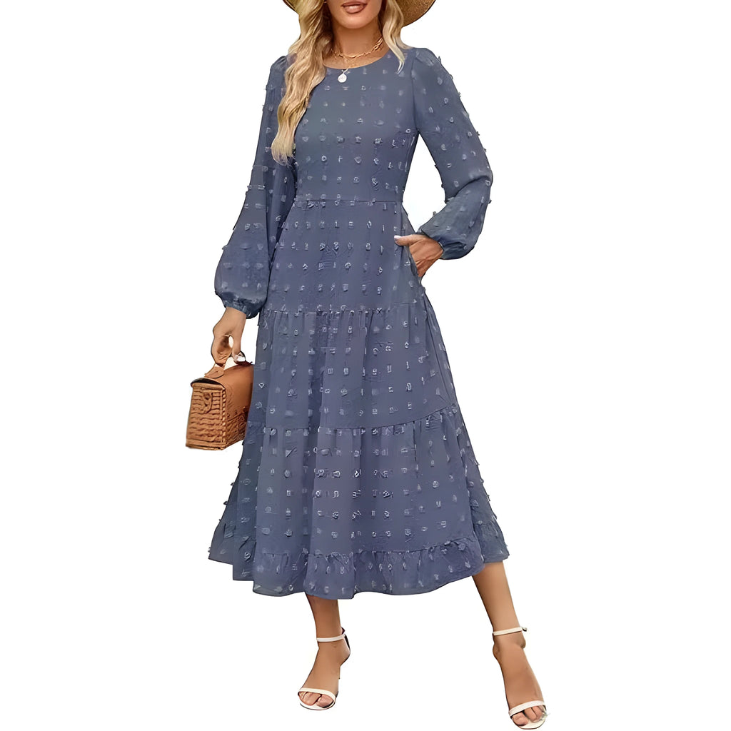 Long sleeve casual dress with ruffle sleeves and high waist in solid colour.