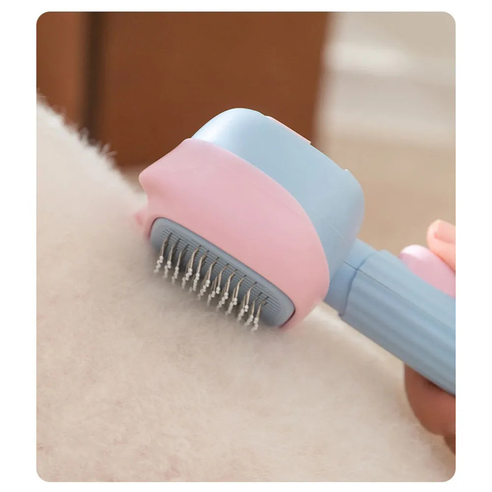Blue and green double-sided pet deshedding brush with rake and comb, showing dimensions.