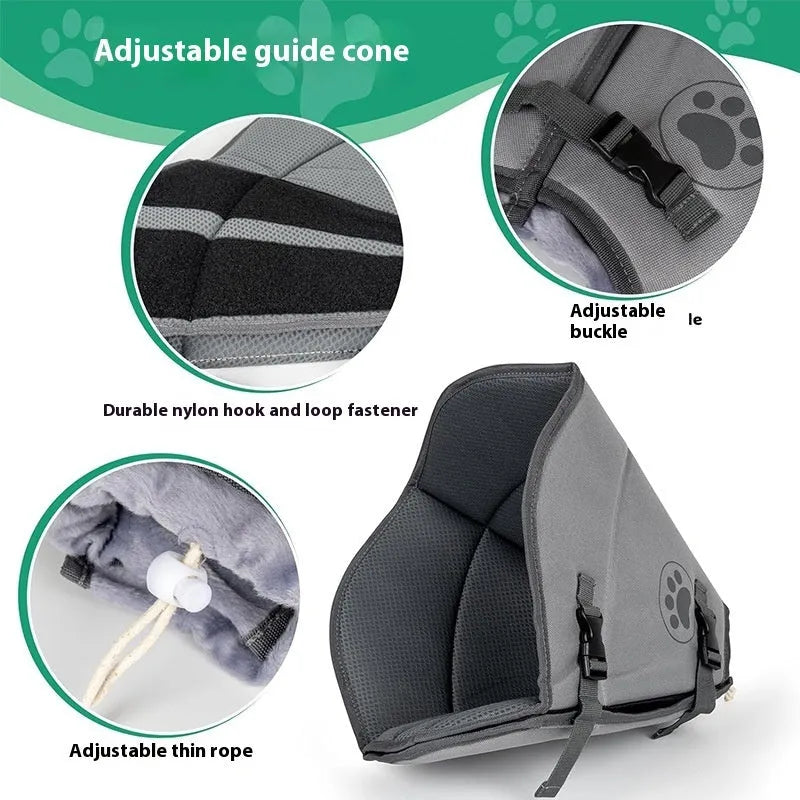 Adjustable polyester pet sterilization collar shown in three sizes L, M, XL for dog and cat recovery.