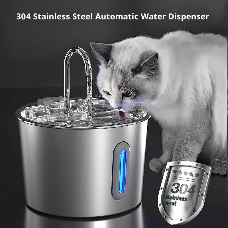 Stainless steel automatic cat water dispenser with 2.2-litre capacity on a floor