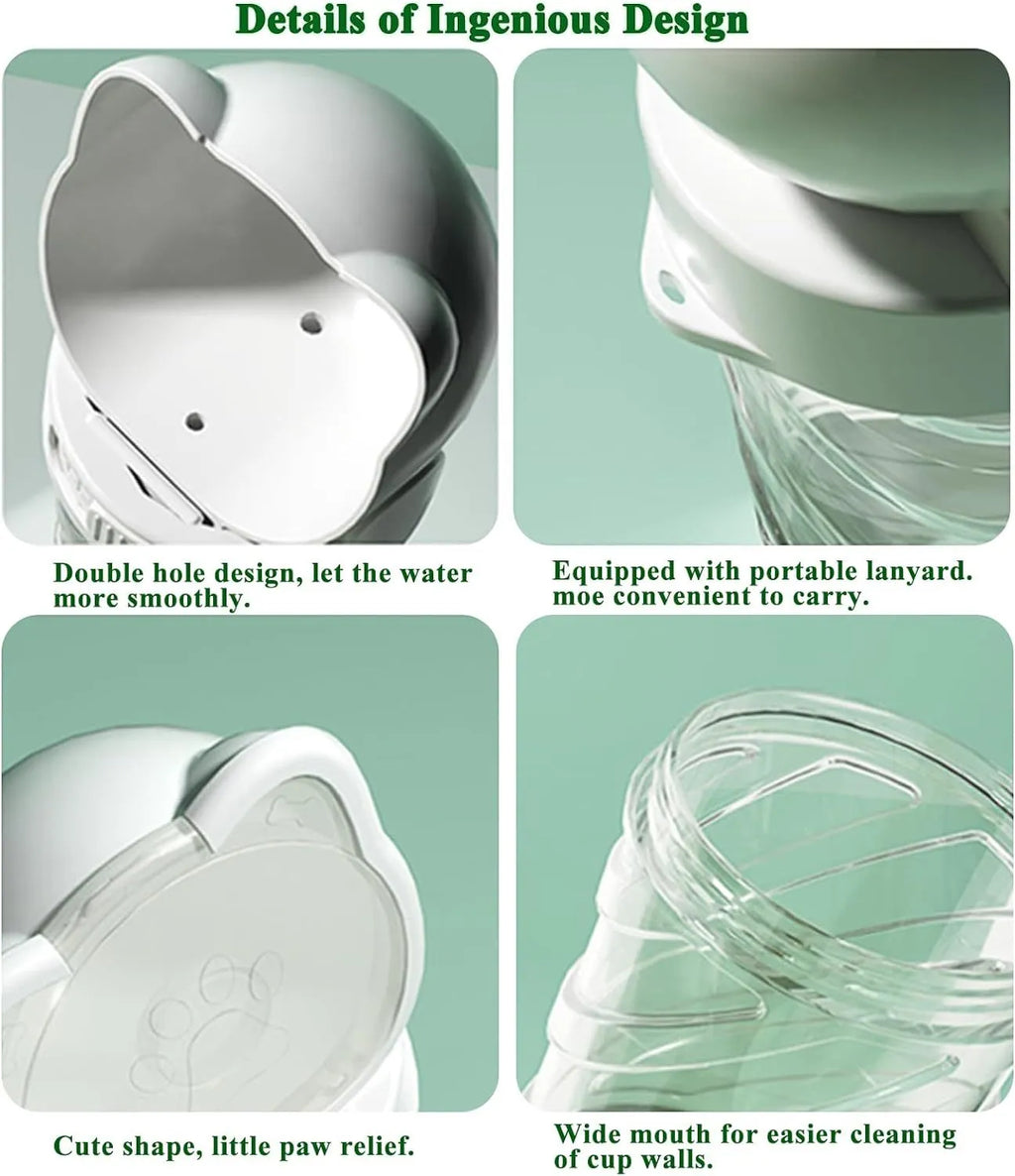 Green pink and white 3-in-1 portable pet water bottle with food container and waste bag dispenser