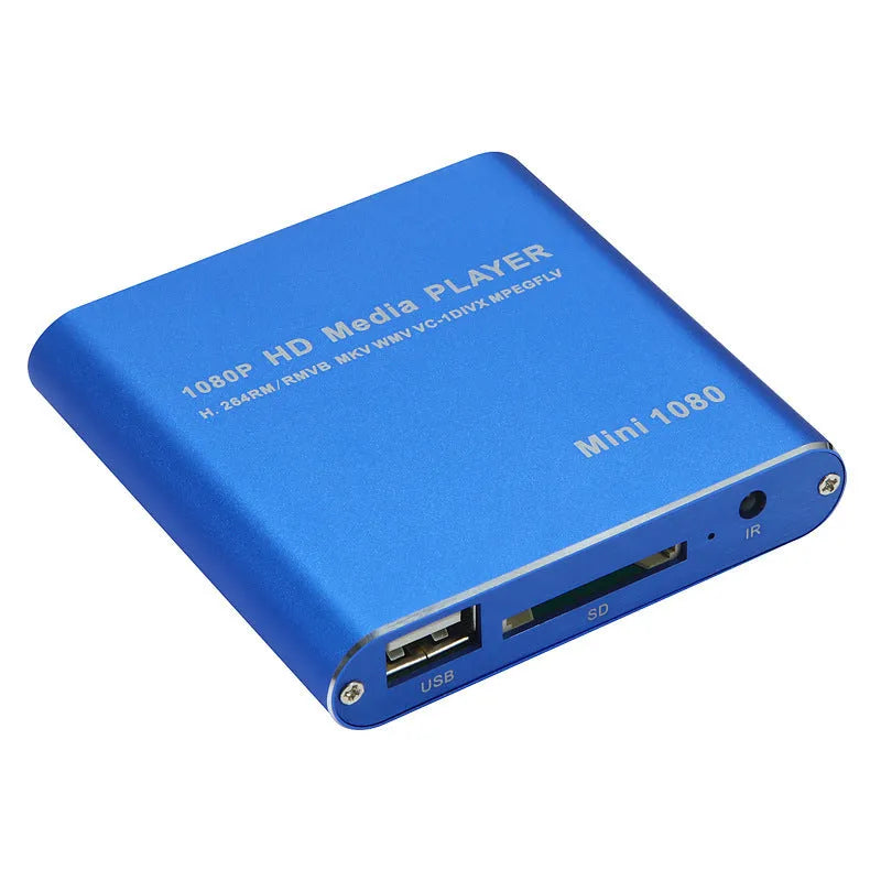 Blue and black 1080p HDMI media player for SD cards, USB drives, and external hard drives
