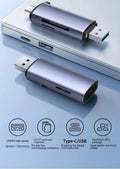 Multi-function SD to TF card reader with USB3.0 and Type-C interface, aluminium alloy or ABS body, 20 x 11 x 74 mm