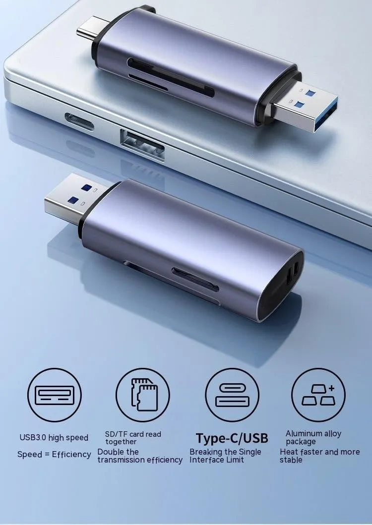 Multi-function SD to TF card reader with USB3.0 and Type-C interface, aluminium alloy or ABS body, 20 x 11 x 74 mm