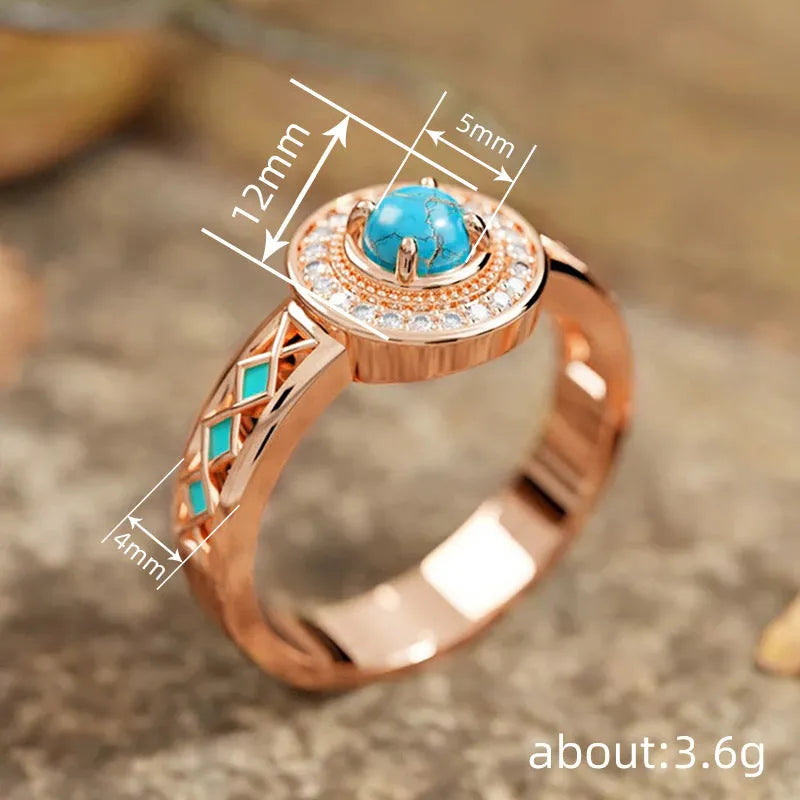 Women's geometric turquoise copper ring with rose gold plating and a micro inlaid zircon detail.