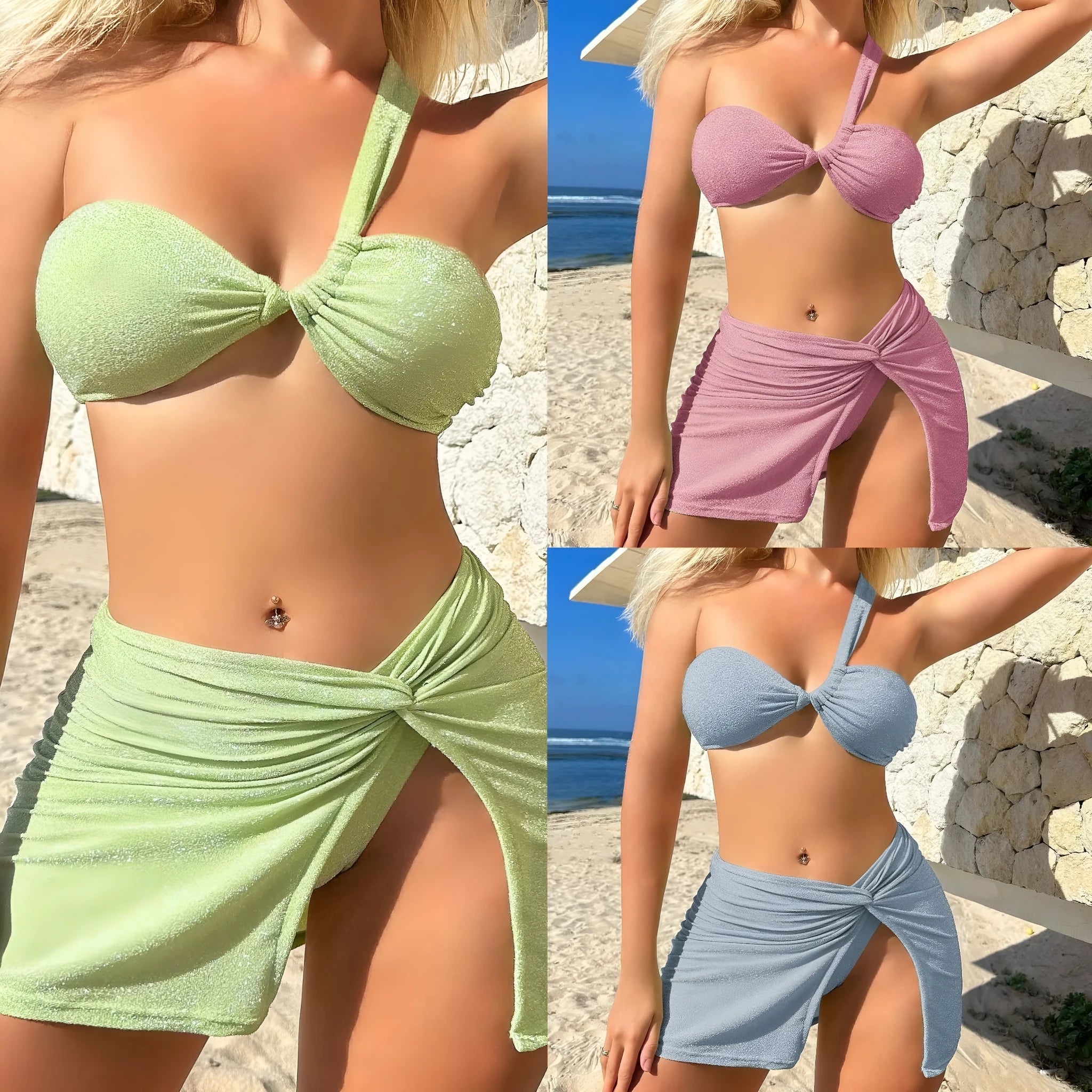 Women's glossy one-shoulder three-piece swimsuit set in light green, including top, pants, and skirt.