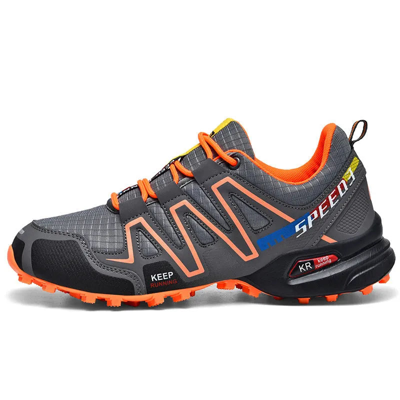 Men's grey orange casual running shoes with synthetic leather upper and rubber sole