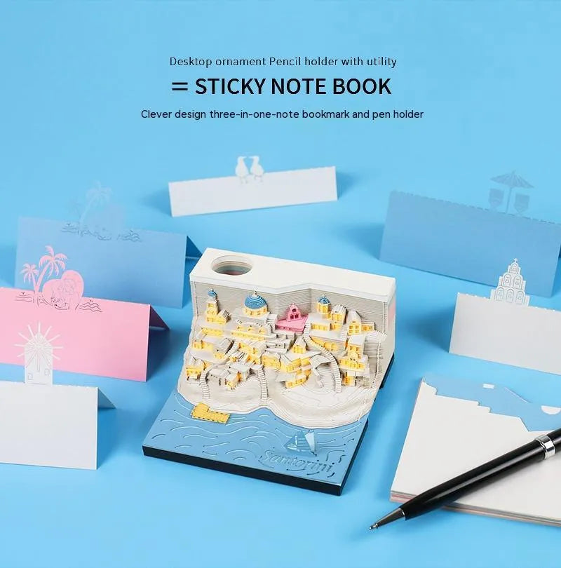 Santorini 3D notepad with special paper, 166 pages, 9 x 9 x 5cm Santorini beach building model