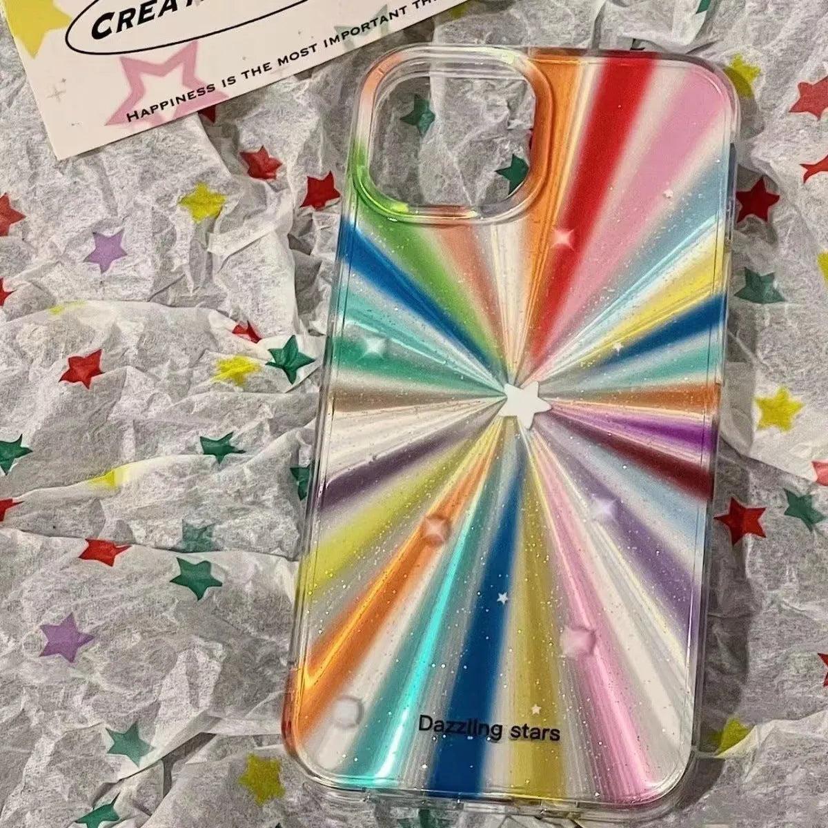 Drop-resistant transparent rainbow star phone case with CD grain TPU back cover for iPhone 11 to 16 Pro Max