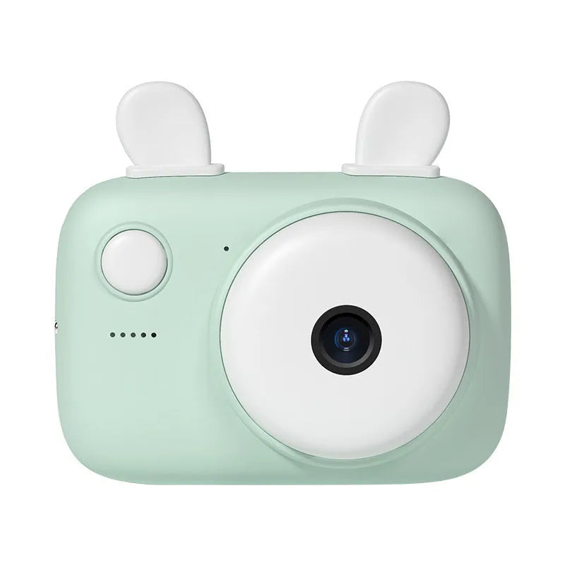 A2 Macaron-style kids digital camera in green, showing its dual lenses and 2.4-inch screen.