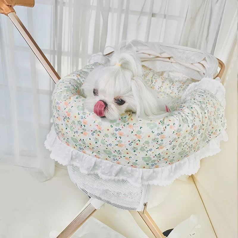 Pure cotton pet stroller three-piece set with anti-dirty towel, cushion, and pillow in striped and floral colours