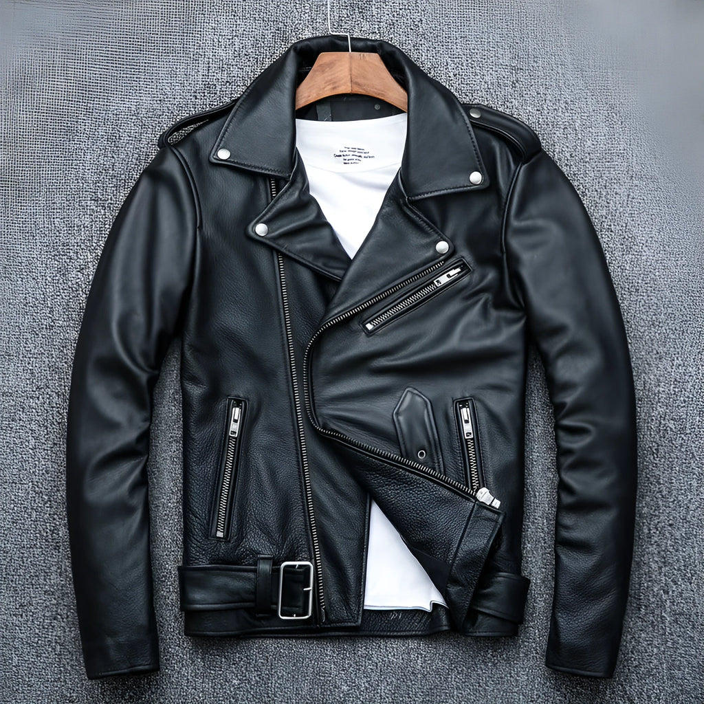 Pure cowhide black biker leather jacket with full front zipper, shown on model