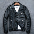 Pure cowhide black biker leather jacket with full front zipper, shown on model