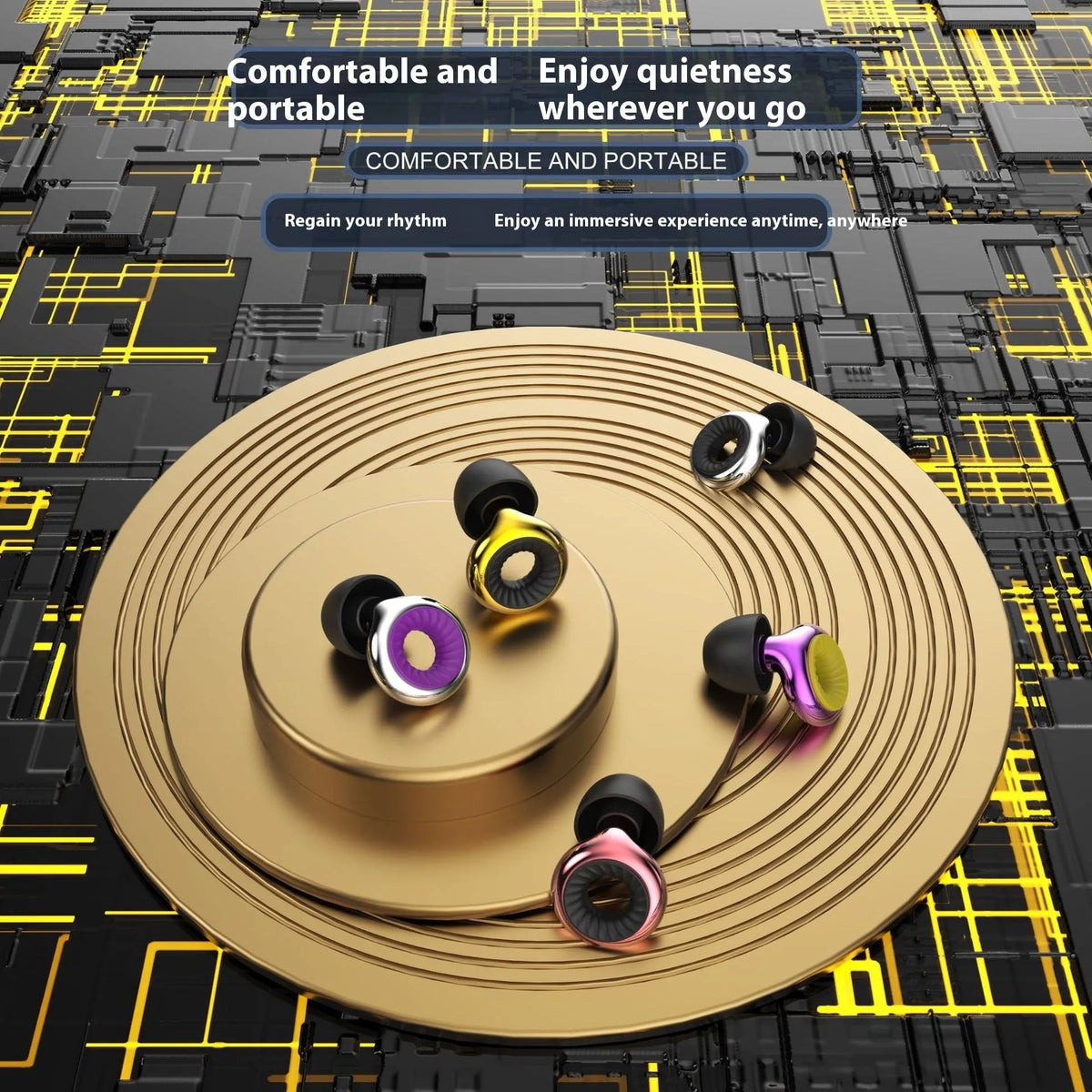Set of coloured silicone sleep earplugs in gold, silver, purple, rose gold, and transparent with a black storage box.