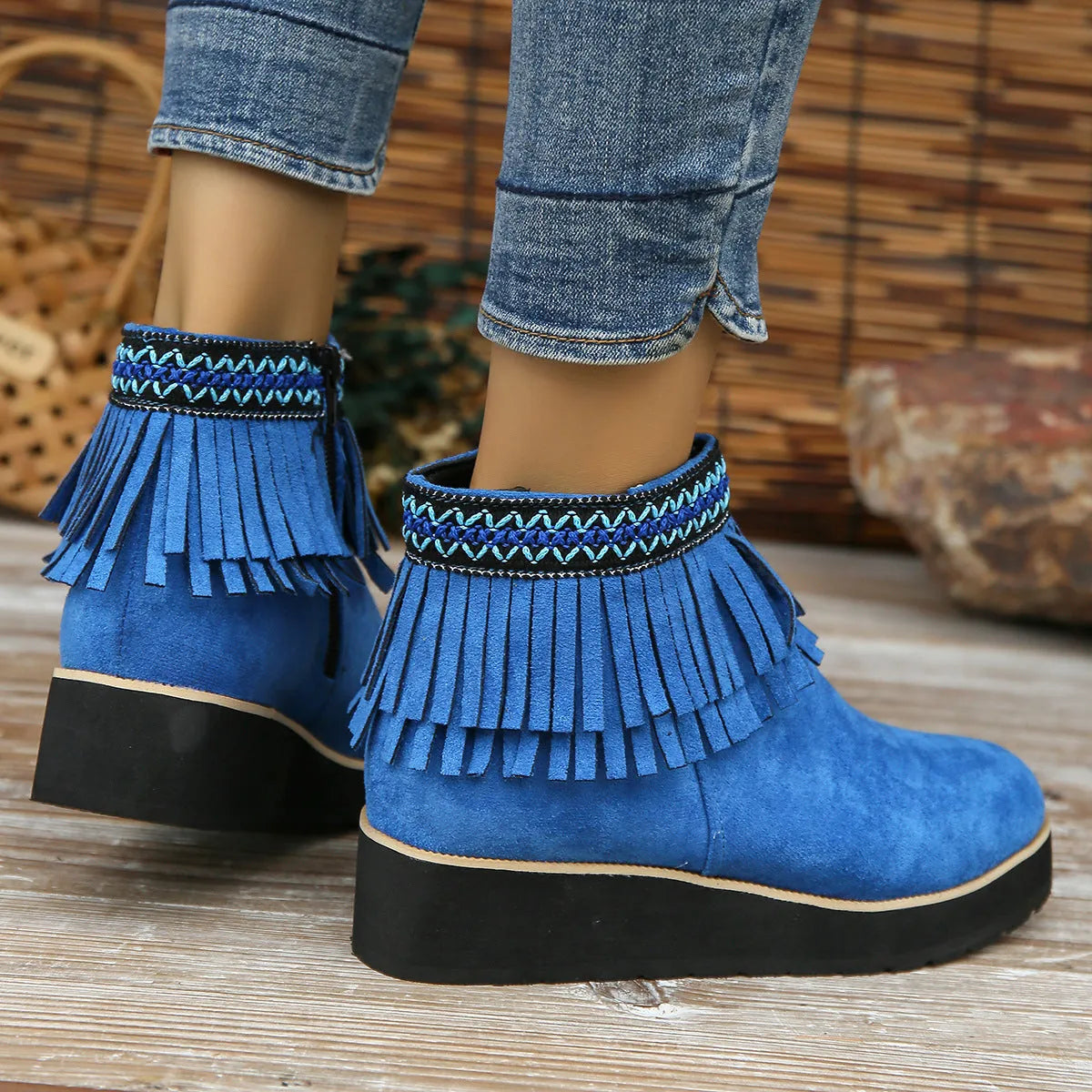 Women's wedge ankle boots with suede upper, side zip, and waterproof platform sole in dark brown